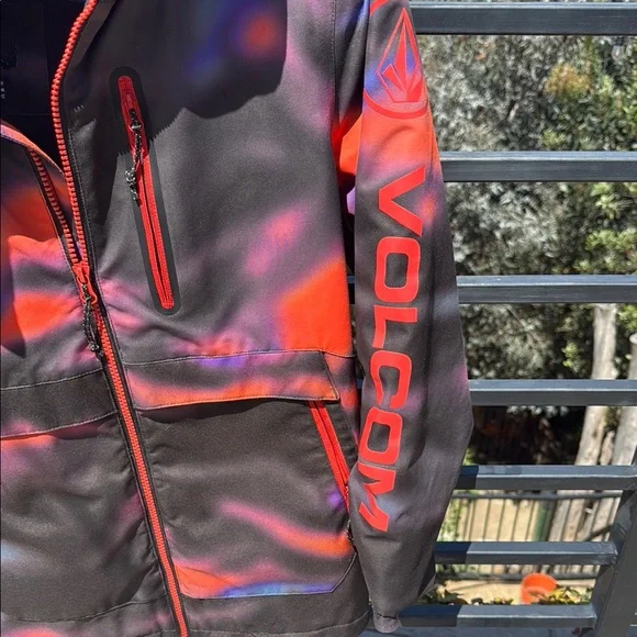 Volcom Black and Red Raincoat Hooded Outdoor Jacket